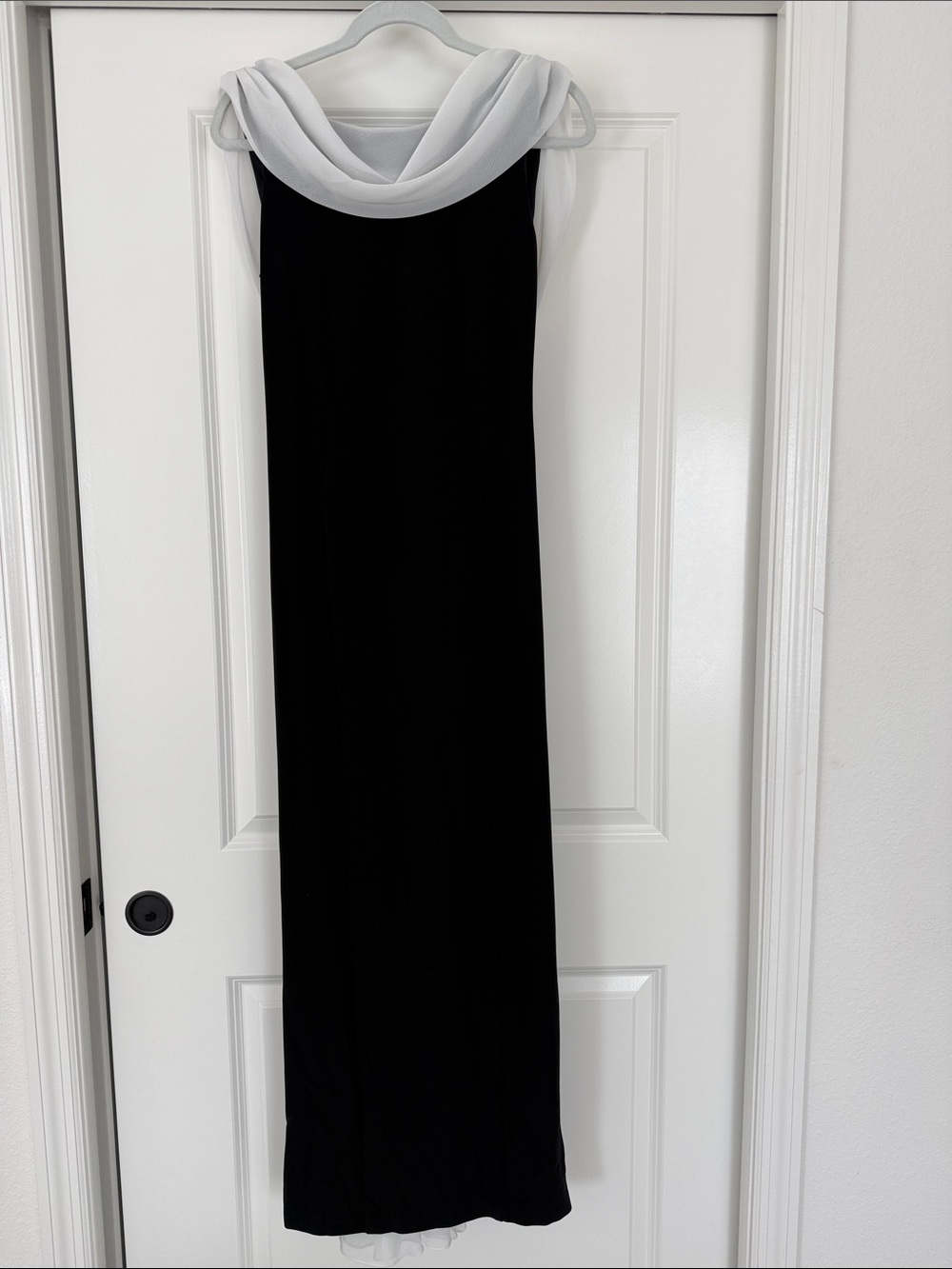 Classic Black Evening Gown with White Draped Cowl Neck